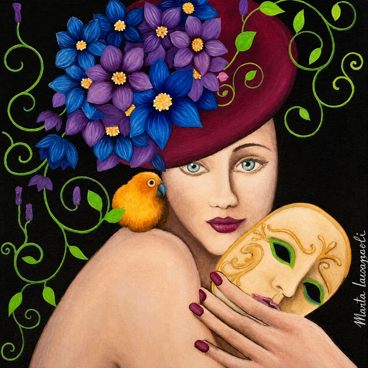 Donna con fiori, pappagallo e maschera