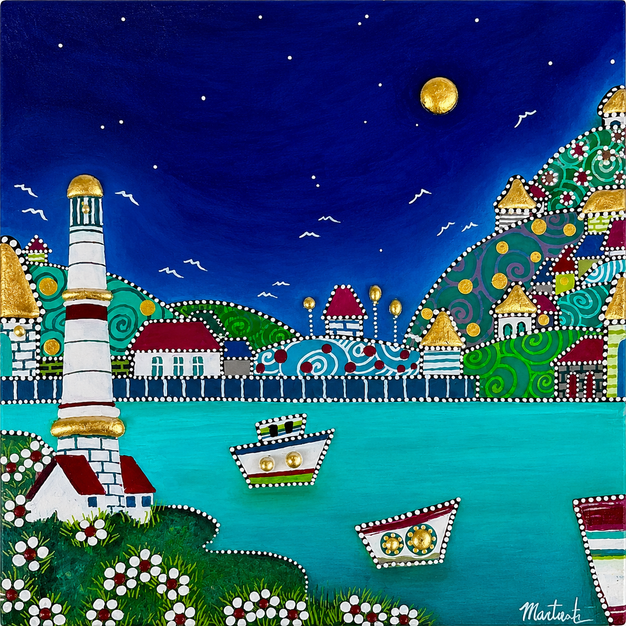 Paesaggio turchese con faro, barche e luna