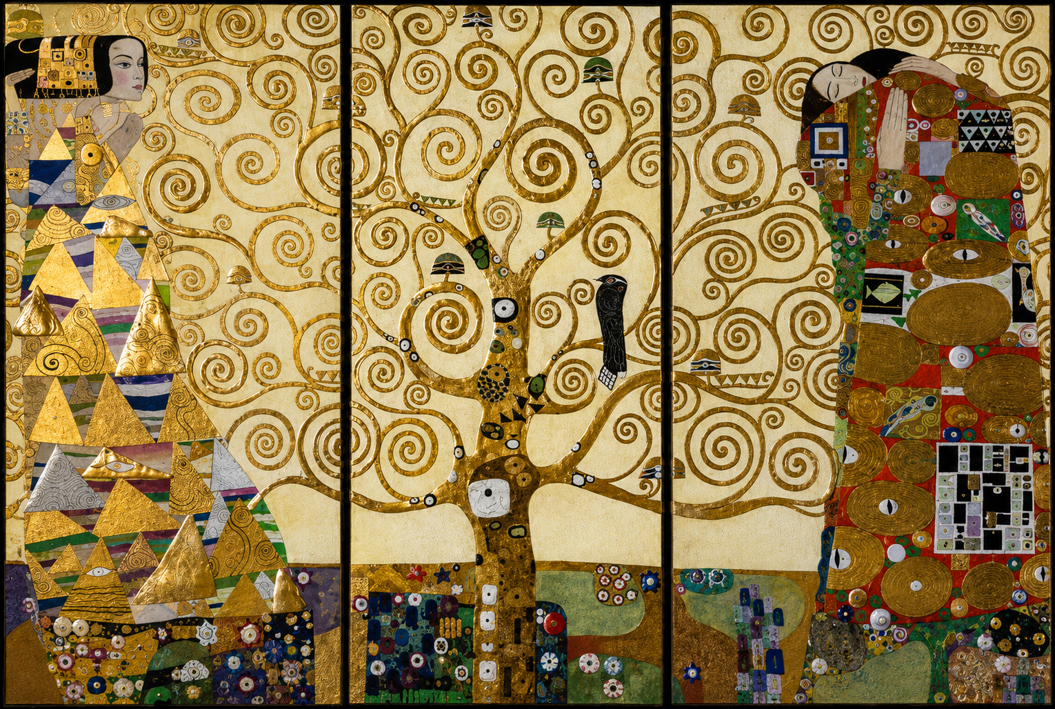 Composizione figurativa con albero dorato e due figure