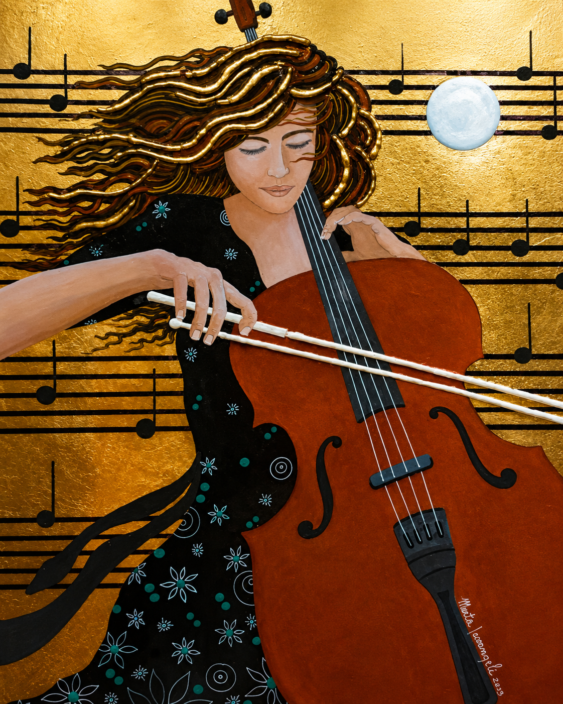 Violoncello e figura femminile su fondo oro