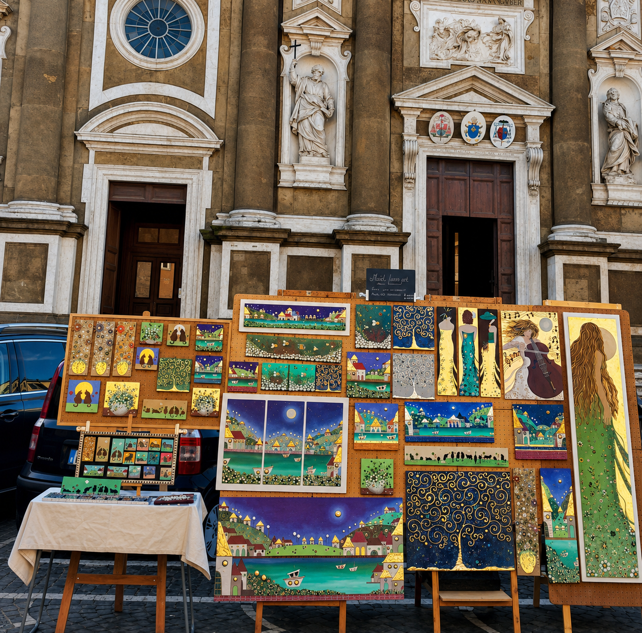 Esposizione di opere davanti a una chiesa