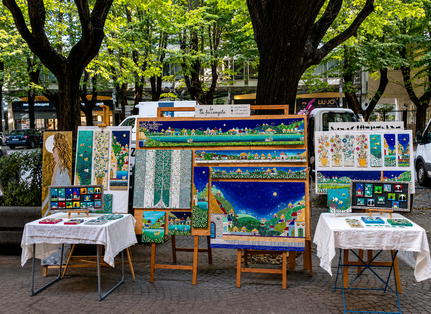 Opere esposte in un mercatino all'aperto