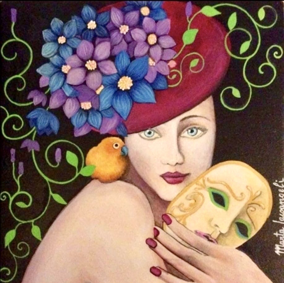 Ritratto di donna con fiori, pappagallo e maschera