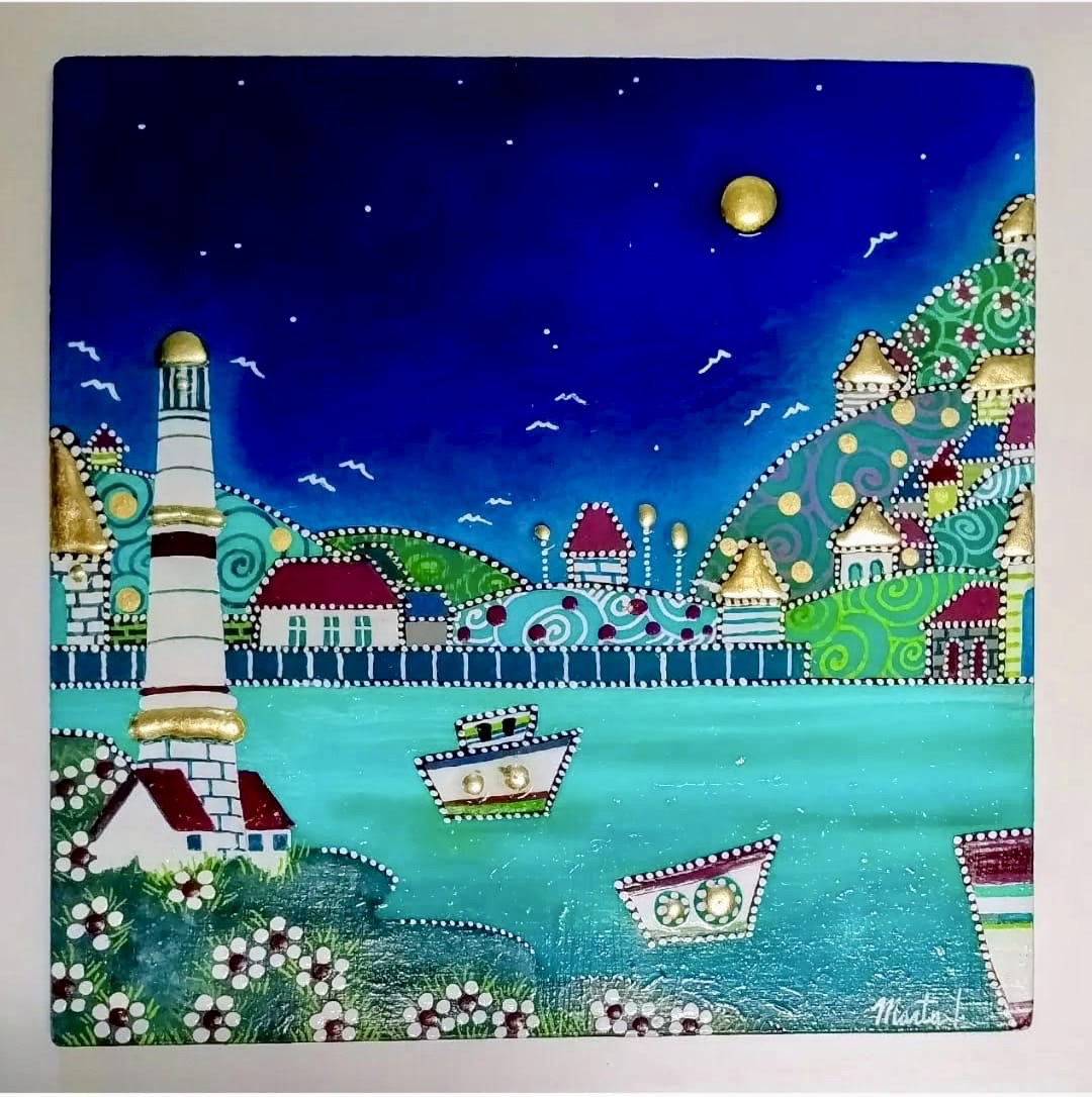 Paesaggio turchese con faro, barche e luna