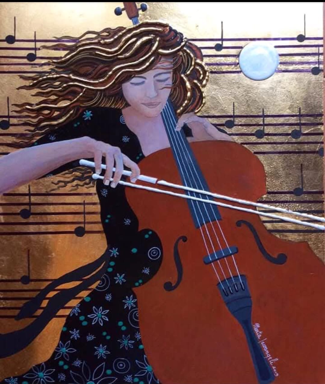 Opera con violoncellista su fondo dorato